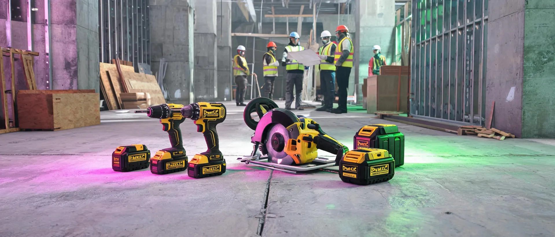 Dewalt cordless tool lineup on a concrete jobsite