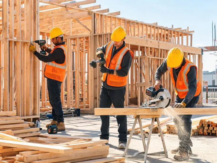Construction crew using cordless tools