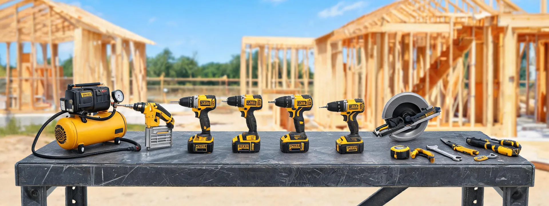 Dewalt product categories on a jobsite bench