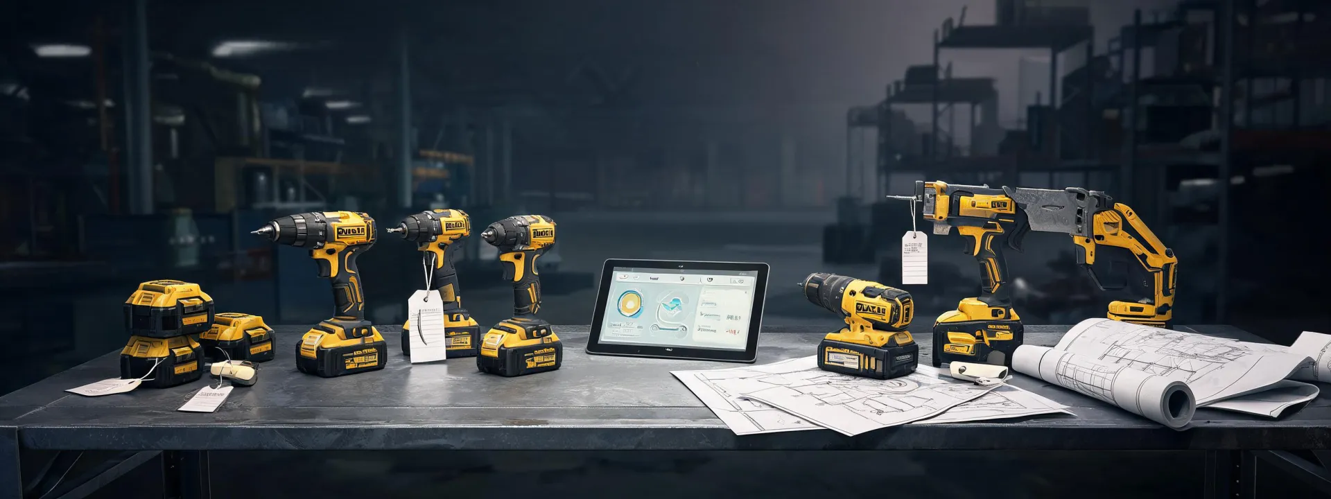 Dewalt service planning desk with tools and battery packs